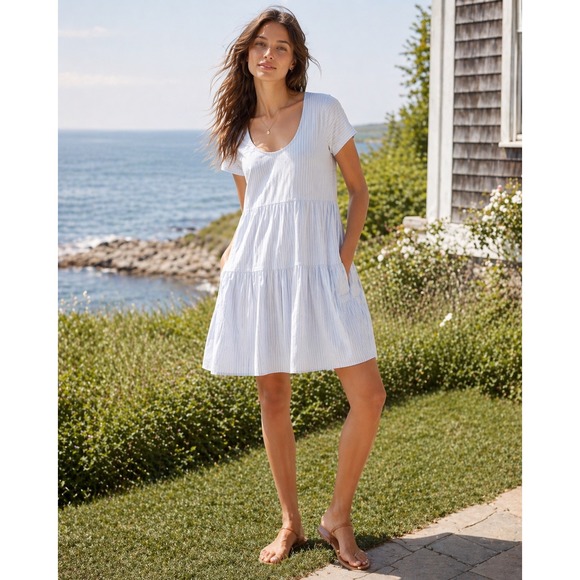 a new day Dresses & Skirts - A New Day Womens Striped Tiered Babydoll Mini Dress‎ M Blue White Coastal Summer